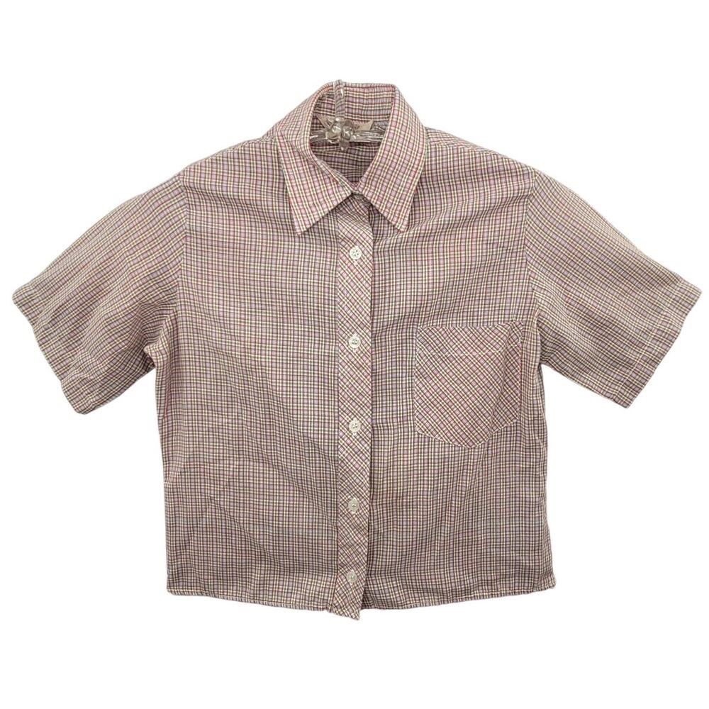 Sisons Vintage Pastel Plaid Cottage Short Sleeve Button Down Blouse Retro sz S‎